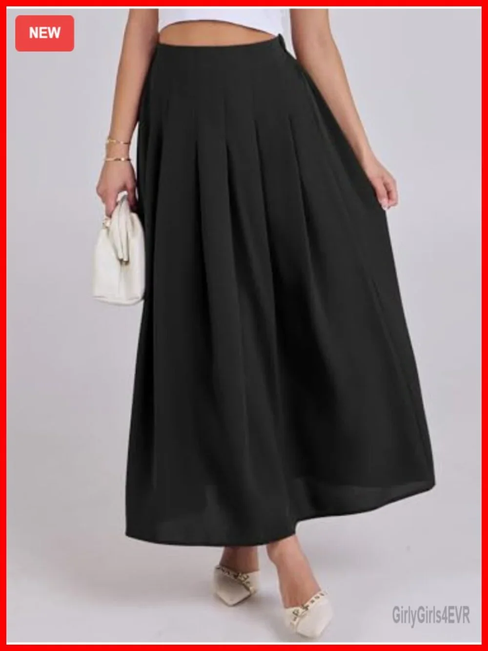Womens Pleated Maxi Skirt High Waisted Ankle Length Pockets 100% Polyester